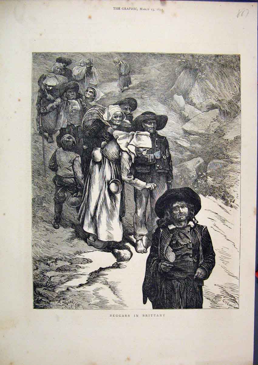 Original Old Antique Print 1872 Beggars Brittany Walking Mountains Women 19th