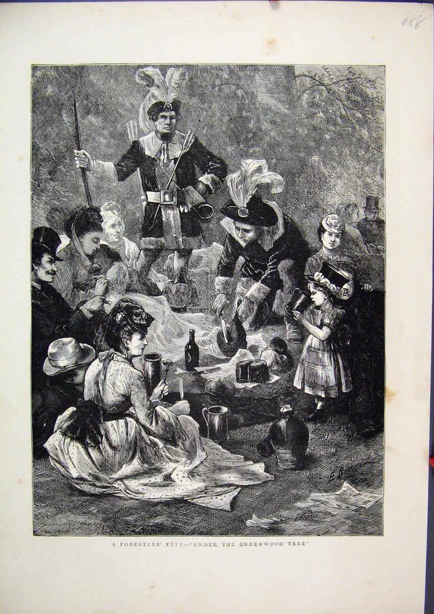 Old Antique Print 1871 Foresters Fete Under Greenwood Tree Picnic Drinks 19th