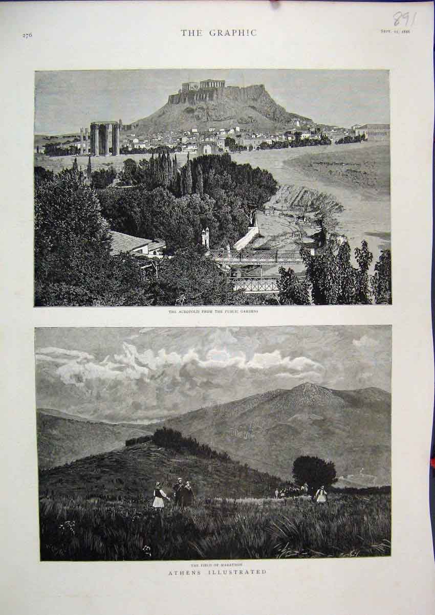 Original Old Antique Print 1886 Athens Acropolis Public Gardens Field Marathon