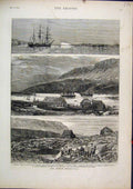 Original Old Antique Print 1875 Arctic Expedition Ship Alert Discovery Valorous