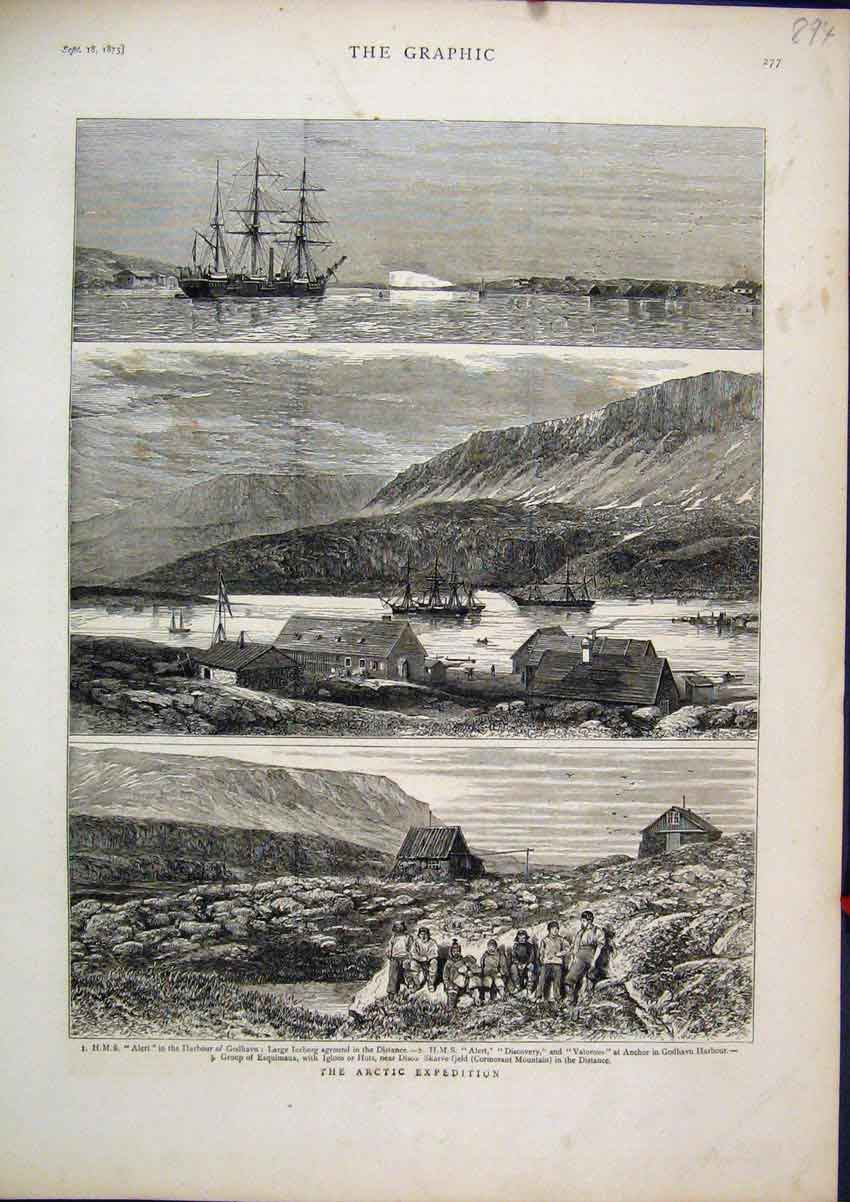 Original Old Antique Print 1875 Arctic Expedition Ship Alert Discovery Valorous