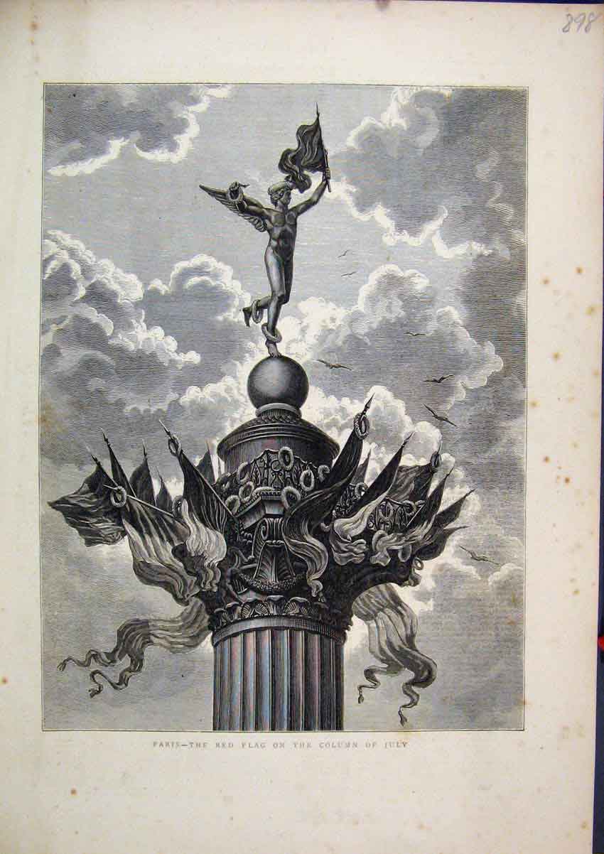 Original Old Antique Print Paris France 1871 Red Flag Column July Statue 19th