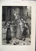 Old Antique Print 1891 Little London Girls Country Teacher Chickens Sheep 19th