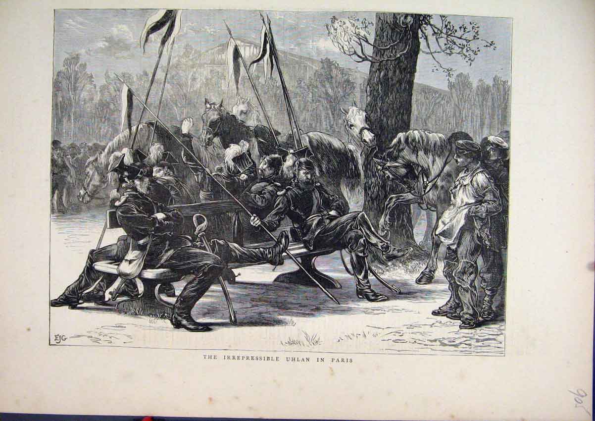 Original Old Antique Print 1871 Paris France Irrepressible Uhlan War Horses 19th