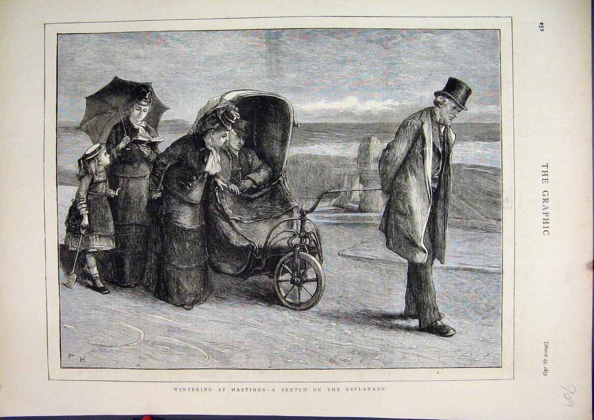 Original Old Antique Print 1873 Winter Hastings England Family Beach Esplanade