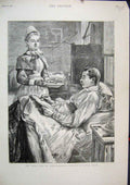 Old Antique Print 1892 Nurse Hospital Patient Writing Letter Home Sketch 19th