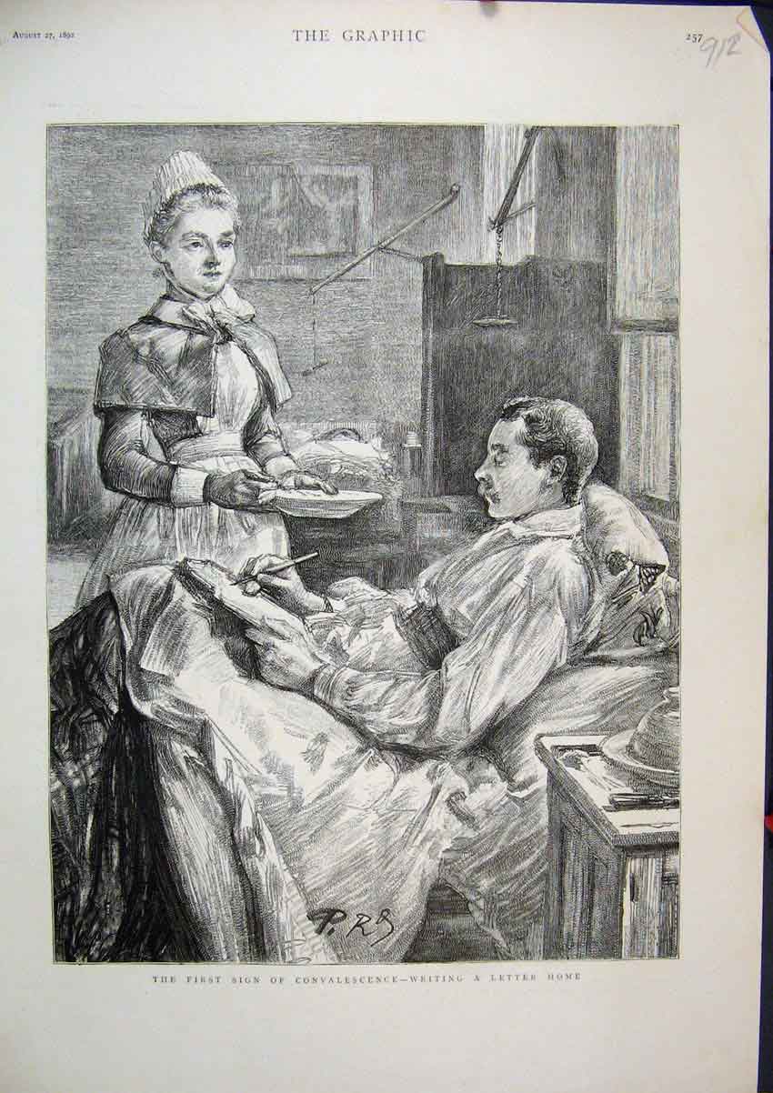 Old Antique Print 1892 Nurse Hospital Patient Writing Letter Home Sketch 19th