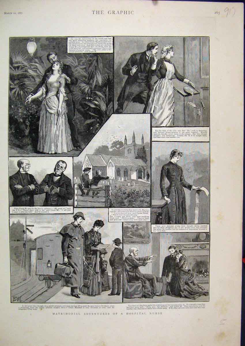 Original Old Antique Print 1887 Matrimonial Adventures Hospital Nurse Scenes