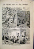 Original Old Antique Print 1882 Queens Visit Mentone Lemons Maison Bottini Fruit