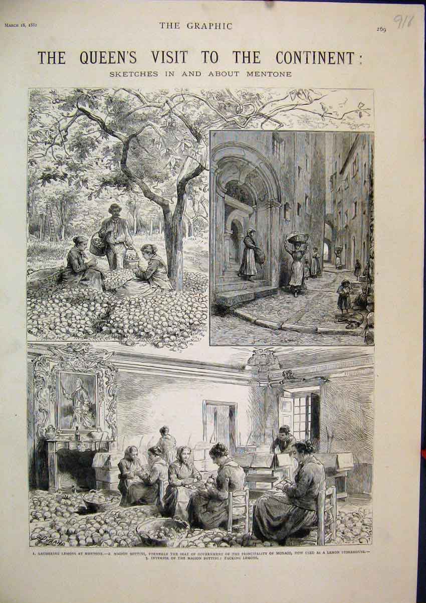 Original Old Antique Print 1882 Queens Visit Mentone Lemons Maison Bottini Fruit