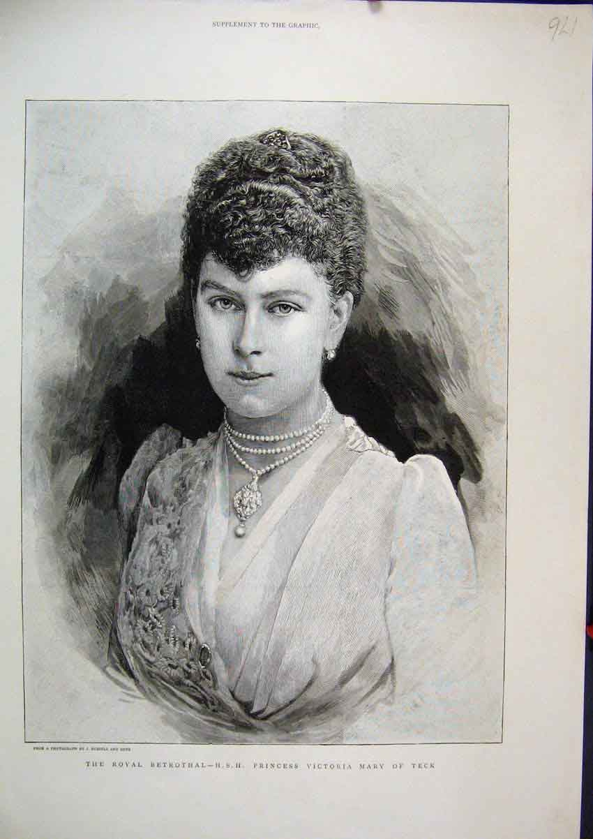 Old Antique Print C1880 Portrait H.S.H Princess Victoria Mary Teck Royal 19th