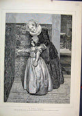 Original Old Antique Print Little Girl Bible Lesson 1884 Woman Dress Victorian