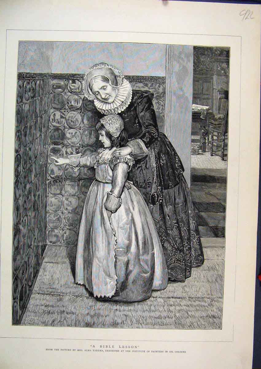 Original Old Antique Print Little Girl Bible Lesson 1884 Woman Dress Victorian