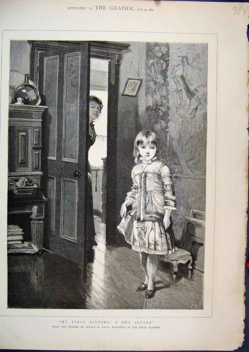Original Old Antique Print 1882 Little Girl Babysitter House Scene Horace Cauty