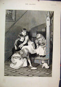 Original Old Antique Print 1887 Little Boys Girls Feeding Kitten Milk Stairs