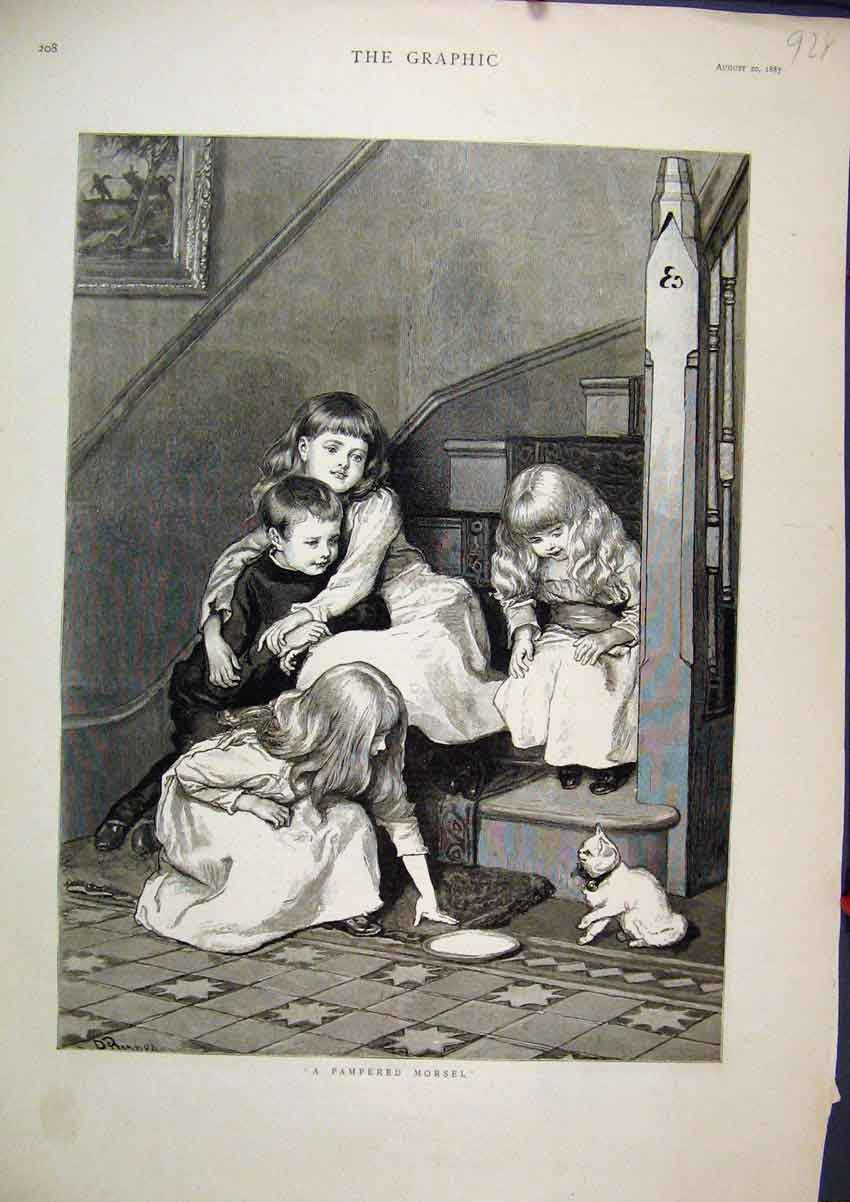 Original Old Antique Print 1887 Little Boys Girls Feeding Kitten Milk Stairs