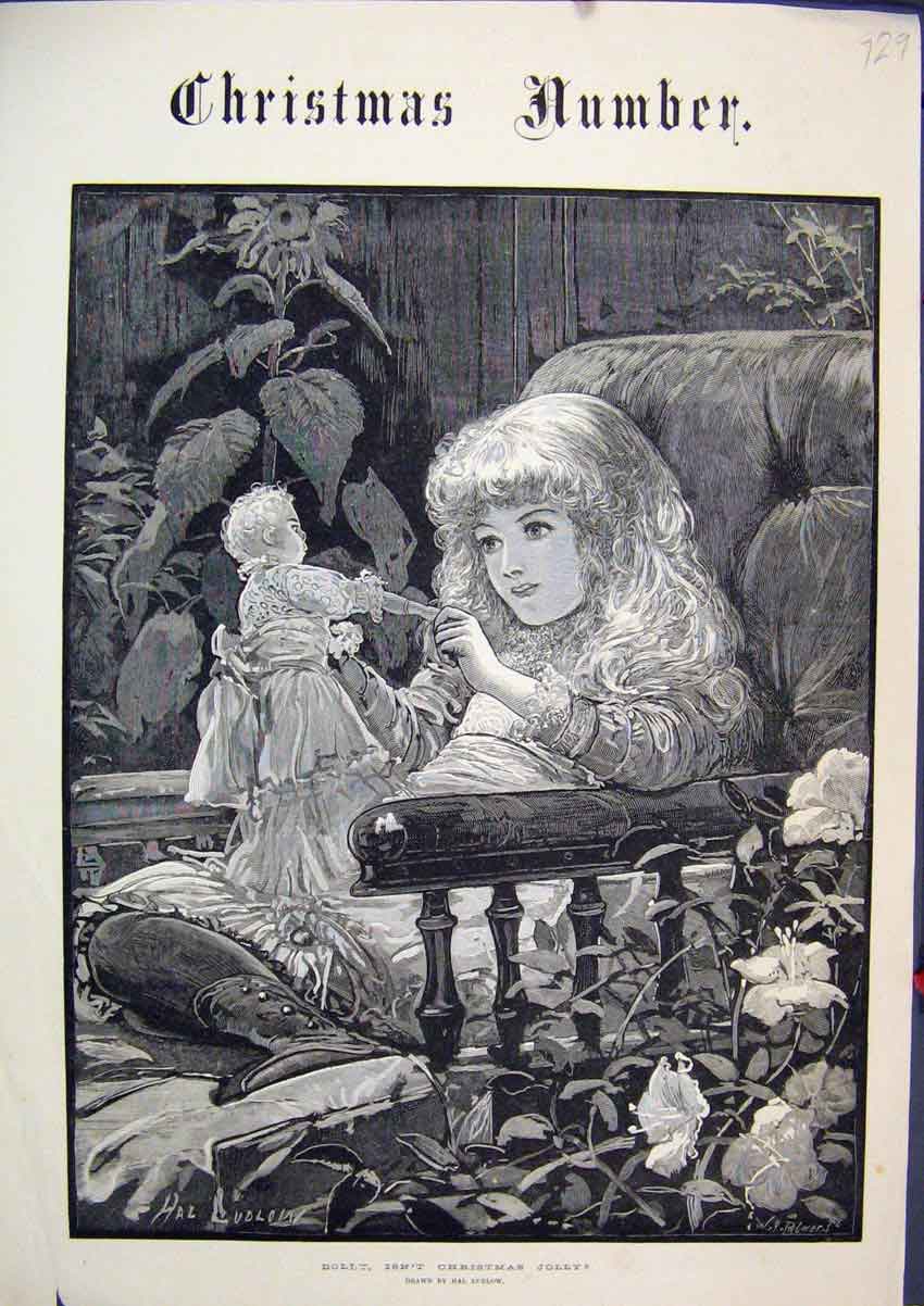 Original Old Antique Print 1883 Young Girl Dolly Christmas Chair Garden Scene