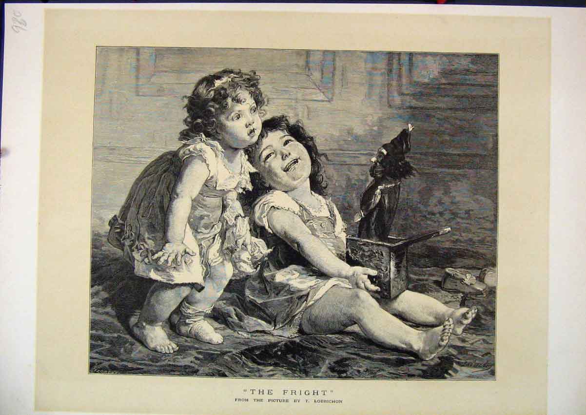 Original Old Antique Print Little Girls Jack In Box C1880 Comedy Scene Victorian