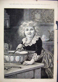 Original Old Antique Print 1885 Little Girl Stirring Christmas Pudding Kitchen