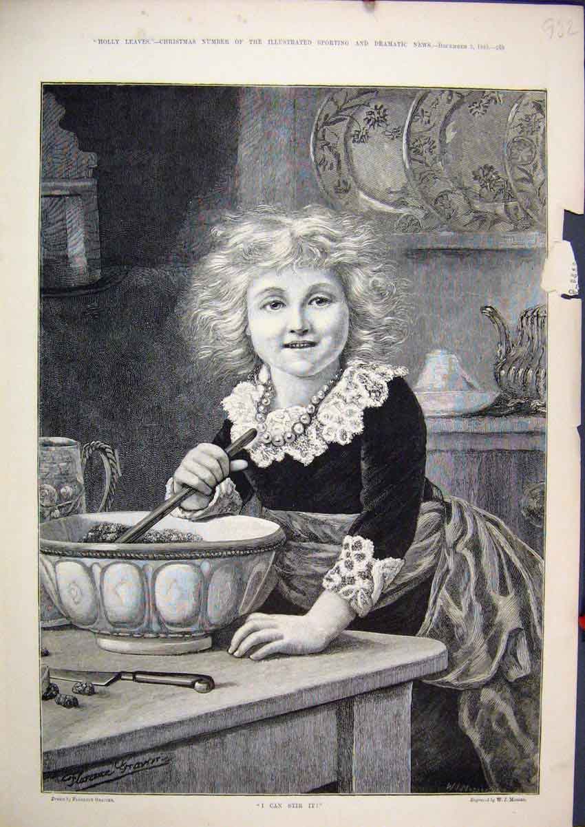 Original Old Antique Print 1885 Little Girl Stirring Christmas Pudding Kitchen