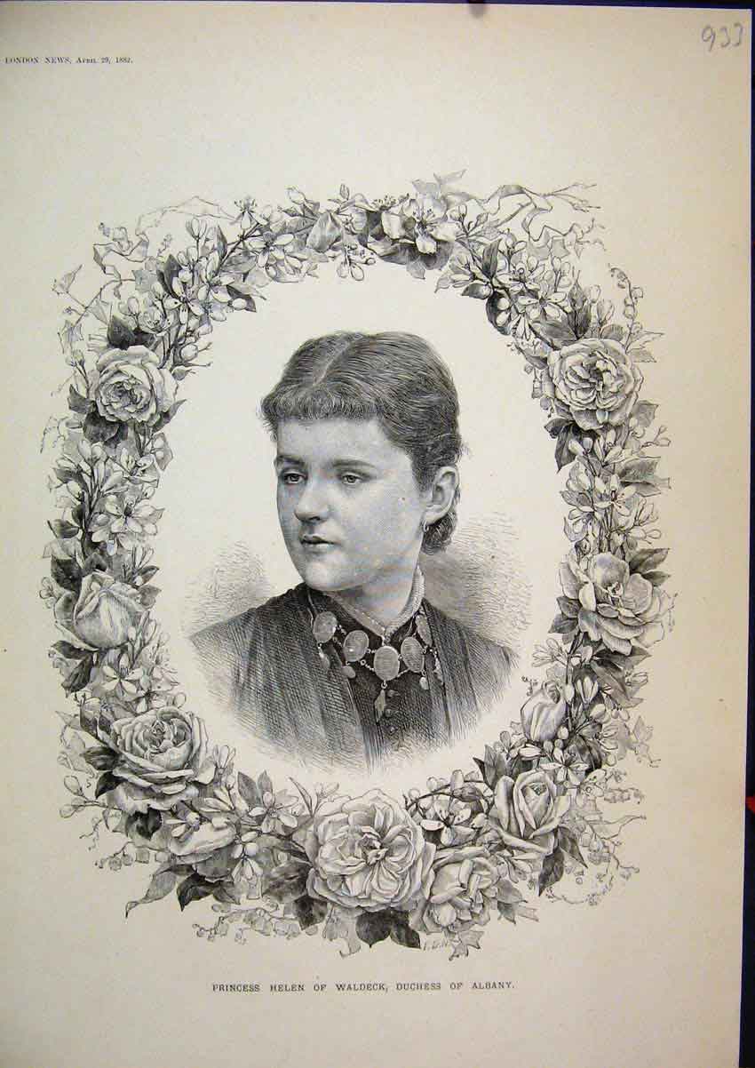 Original Old Antique Print 1882 Portrait Helen Waldeck Duchess Albany Flowers