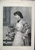 Original Old Antique Print 1883 Woman Letter Flower Pot Chair Thoughful 19th