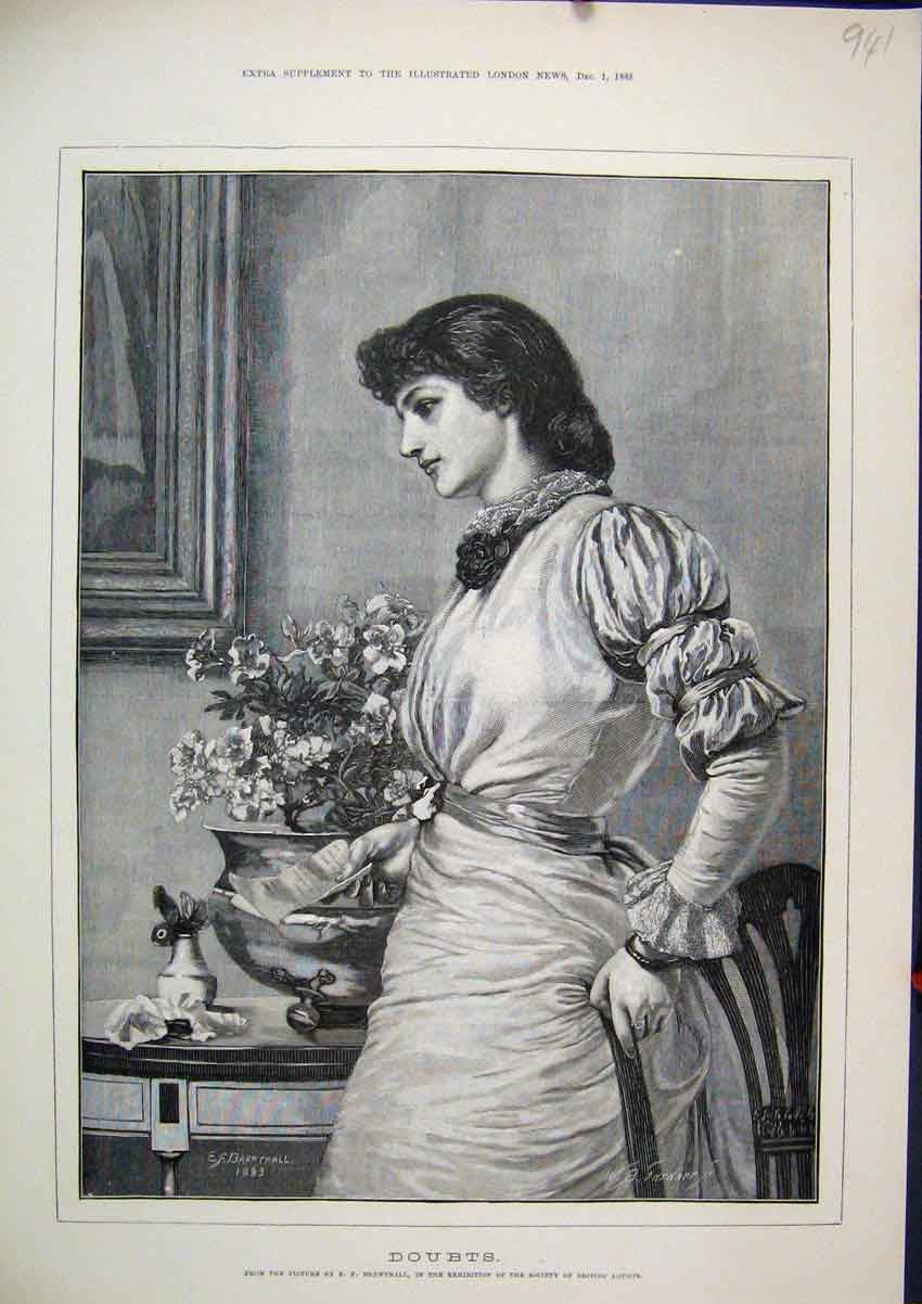 Original Old Antique Print 1883 Woman Letter Flower Pot Chair Thoughful 19th