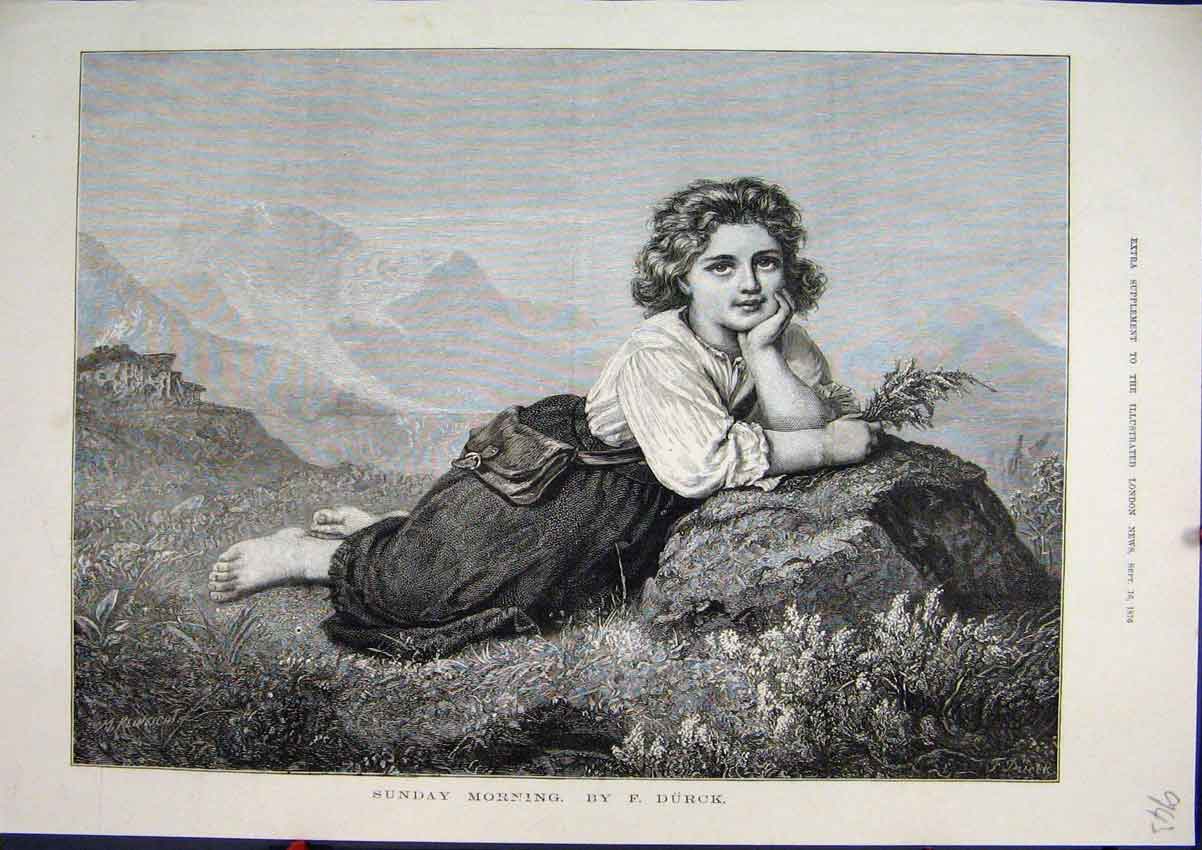 Old Antique Print 1876 Sunday Morning Young Girl Country Scottish Heather 19th
