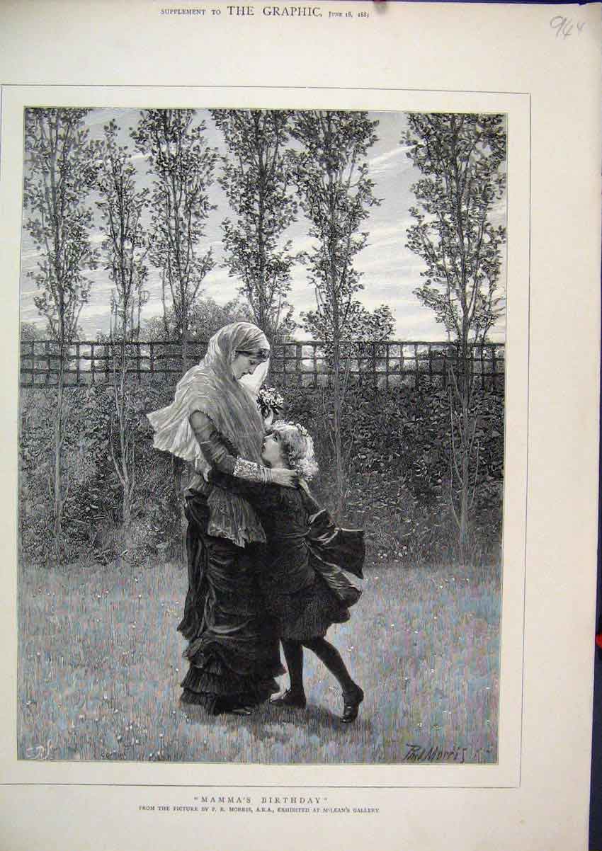 Old Antique Print 1881 Country Scene Mammas Birthday Little Girl Flowers 19th