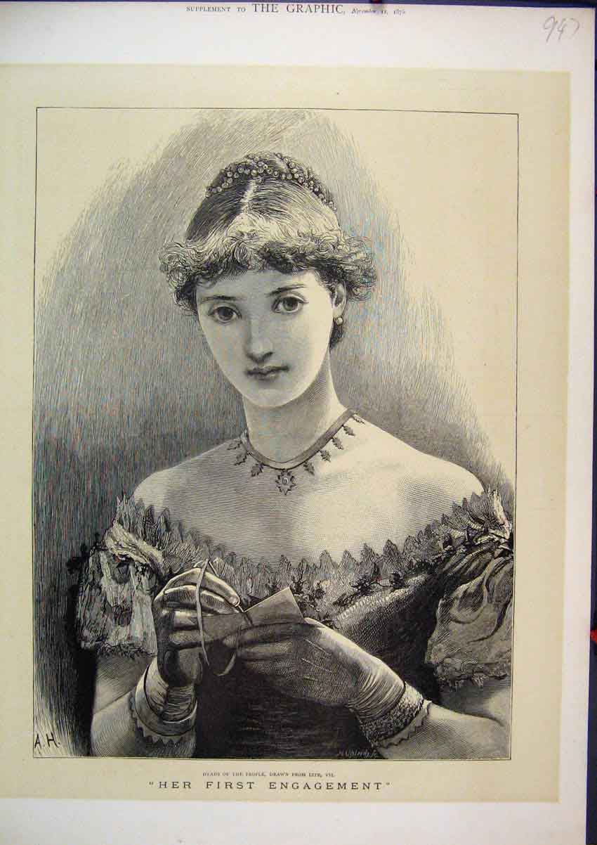Original Old Antique Print 1875 Portrait Young Woman First Engagement Book Pen