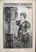 Original Old Antique Print Christmas C1850 Woman Hall Grandfather Clock Flowers
