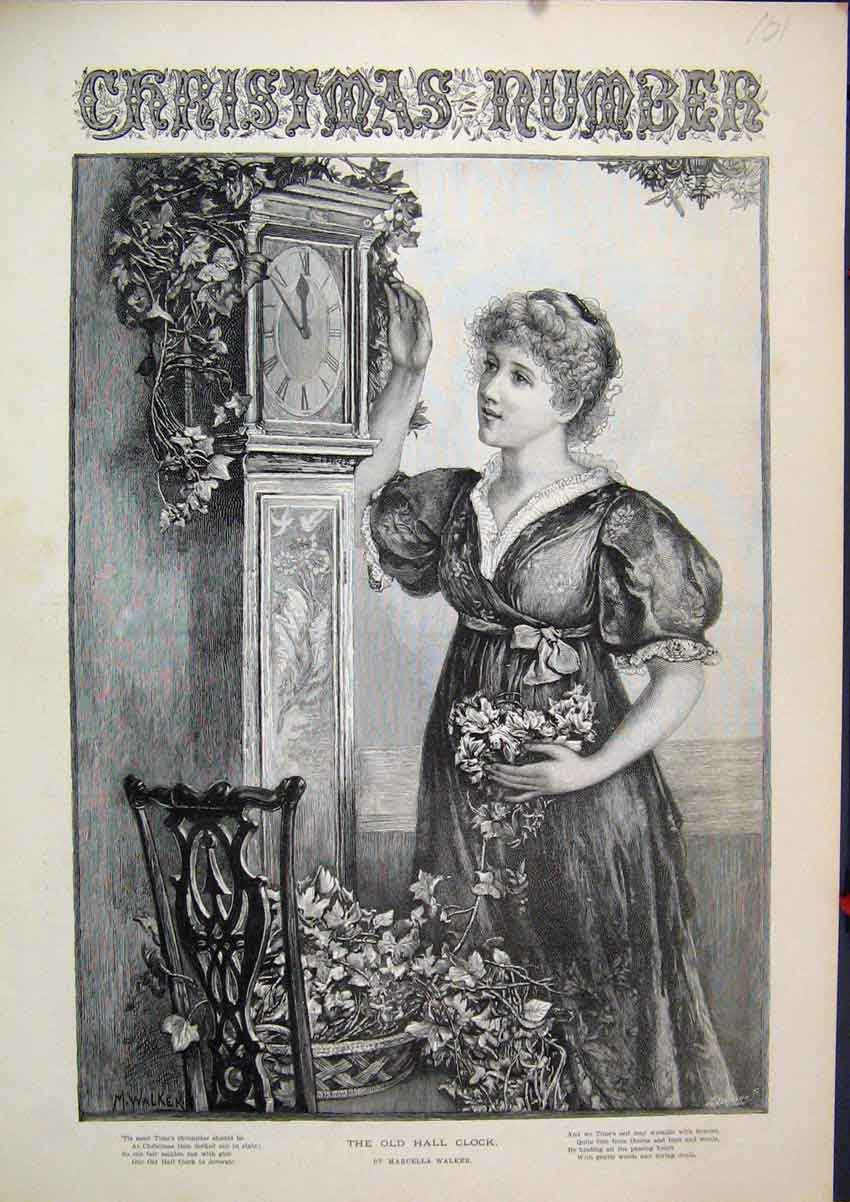 Original Old Antique Print Christmas C1850 Woman Hall Grandfather Clock Flowers