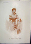 Original Old Antique Print Portrait Majesty Queen Mary Flower C1850 Sepia 19th