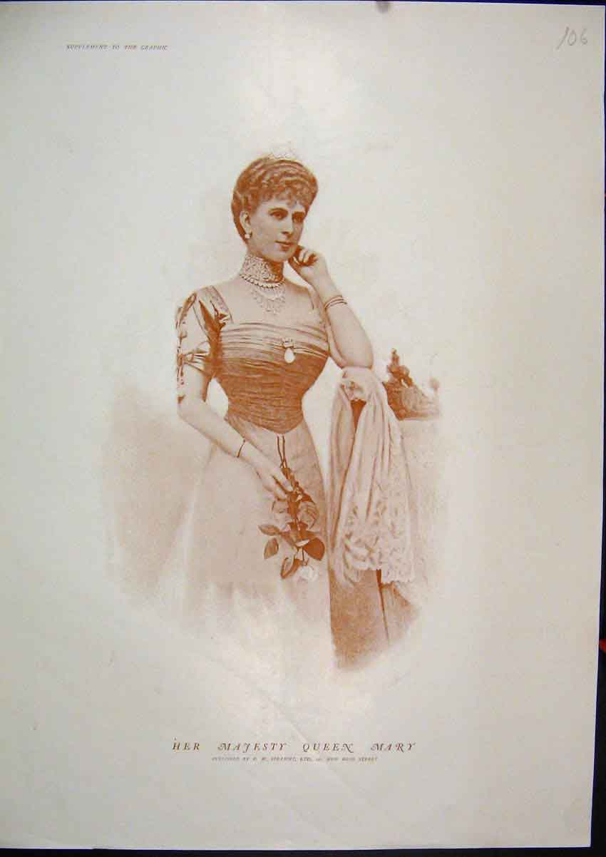 Original Old Antique Print Portrait Majesty Queen Mary Flower C1850 Sepia 19th