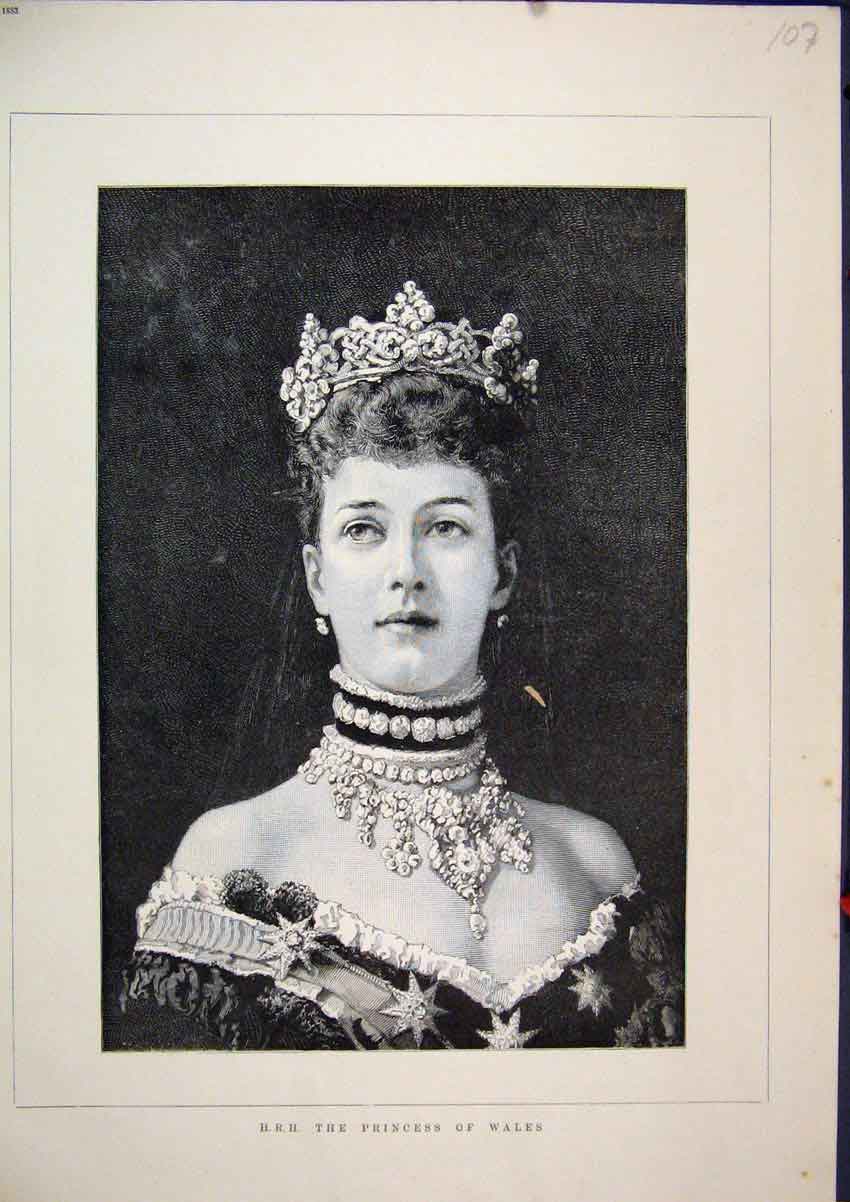 Original Old Antique Print 1883 Portrait H.R.H. Princess Wales Jewel Victorian