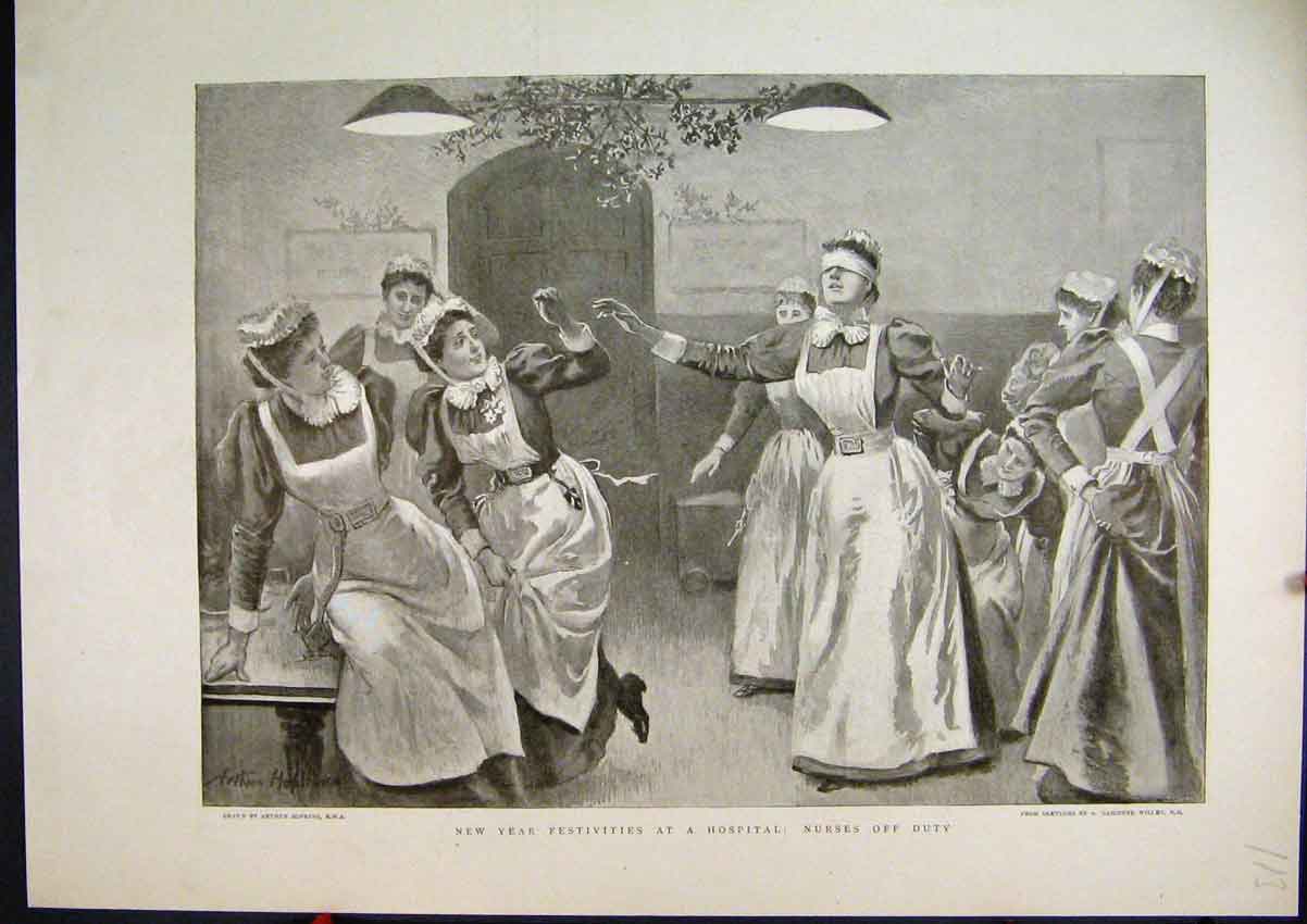 Original Old Antique Print New Year Celebrations 1896 Hospital Nurses Play Game