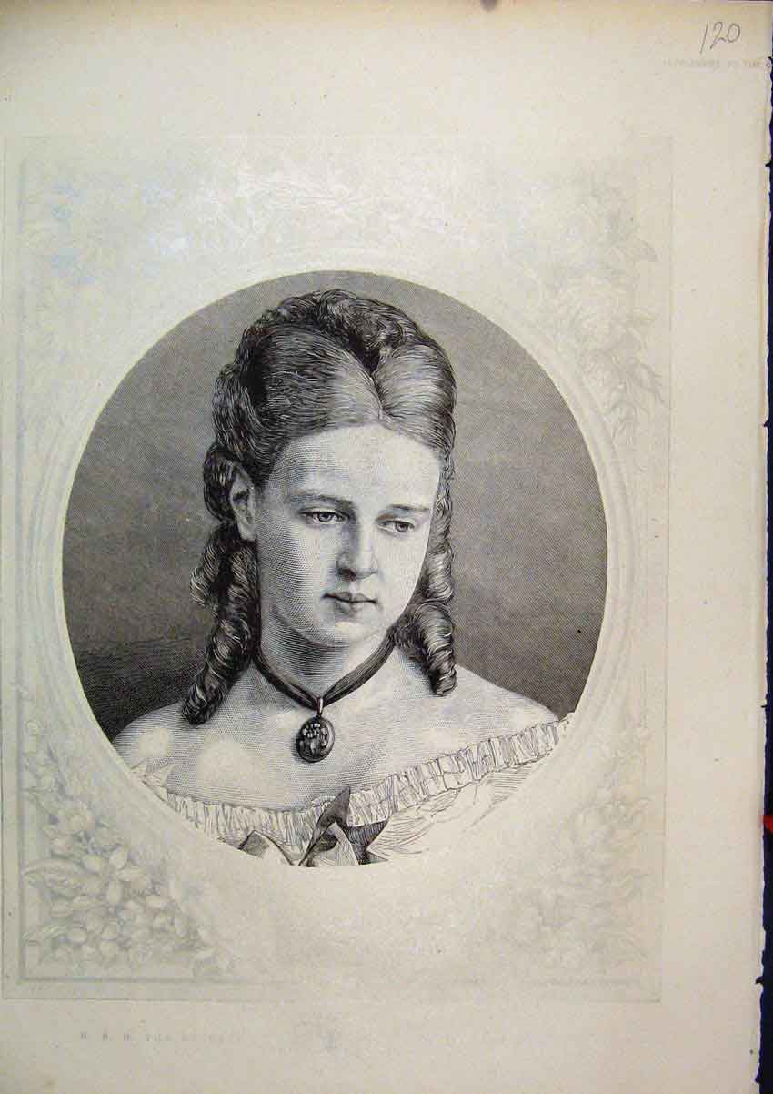 Original Old Antique Print Portrait Duchess Edinburgh C1850 Necklace Victorian