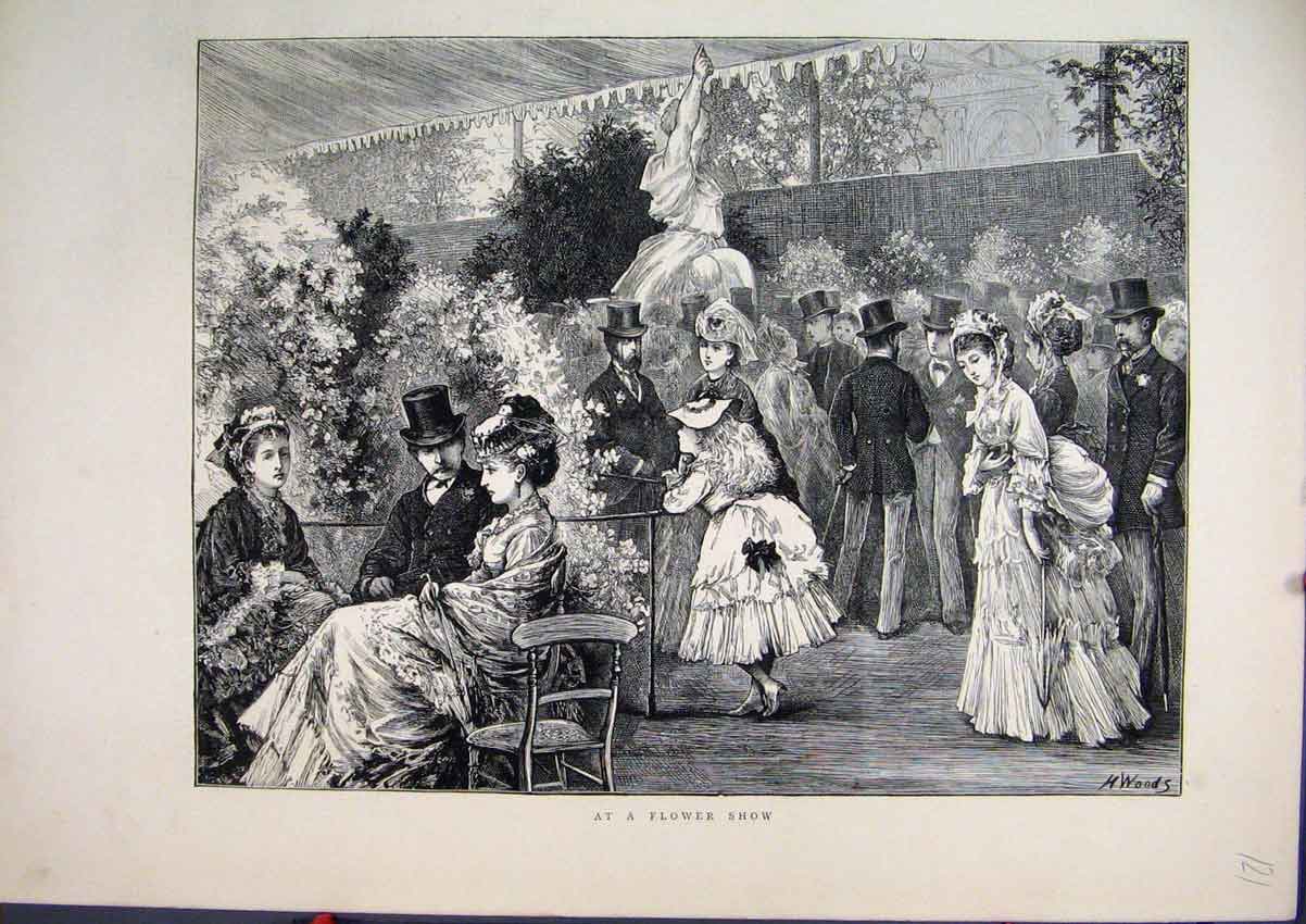 Original Old Antique Print 1872 Flower Show Family Statue Beautiful Dresses 19th