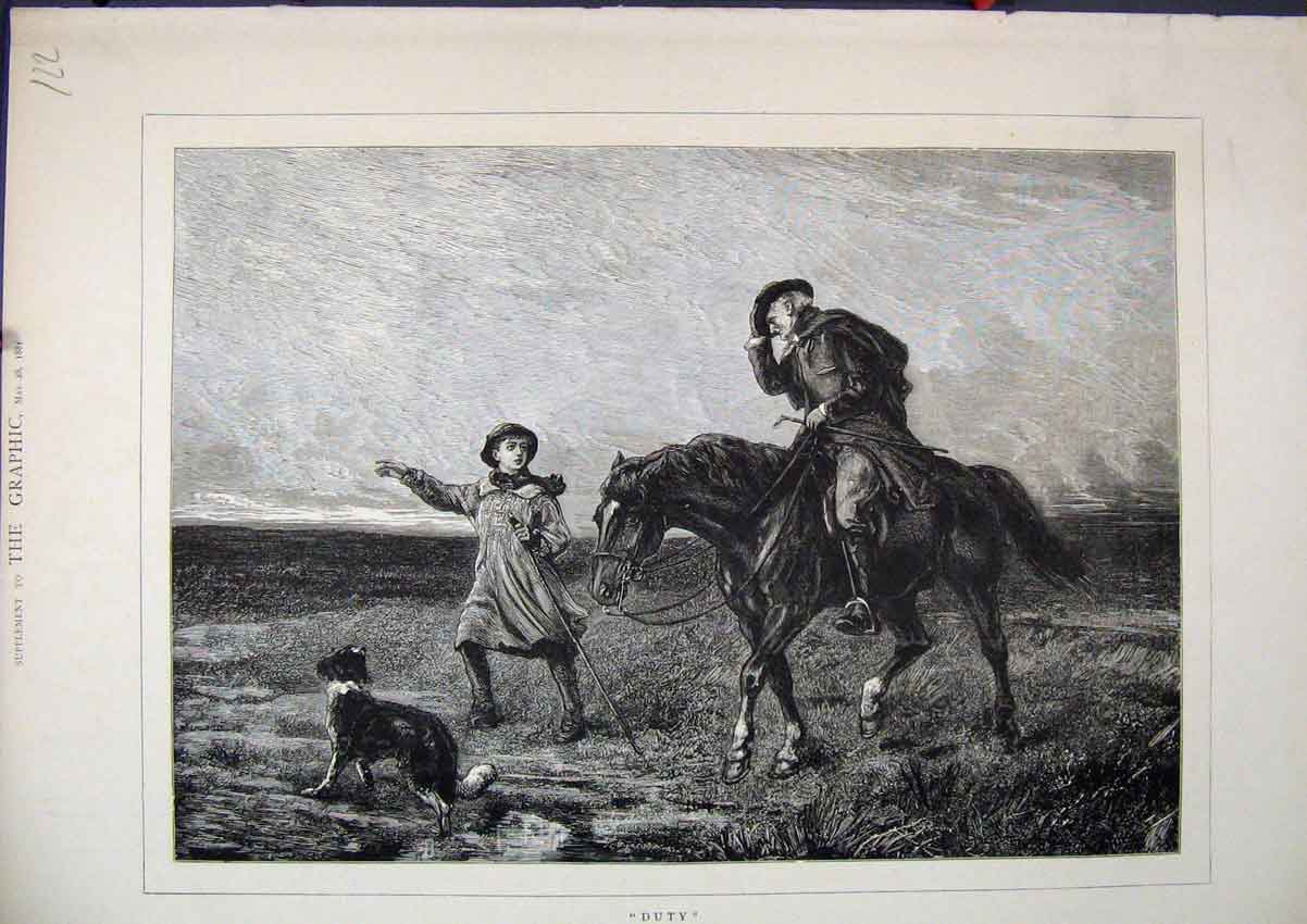 Original Old Antique Print Man Horses Dog Young Boy 1881 Country Scene Victorian