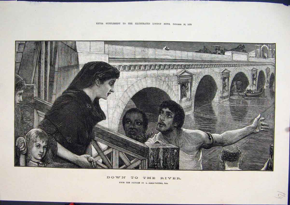 Original Old Antique Print Men Woman Children 1879 River Boat Bridge Fine Art