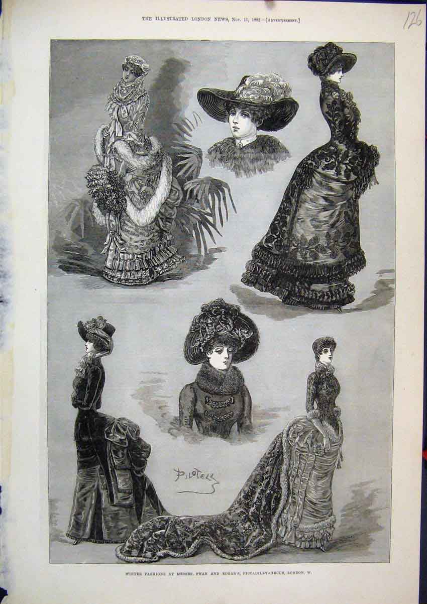 Original Old Antique Print 1882 Winter Fashions Messr Swan Piccadilly-Circus