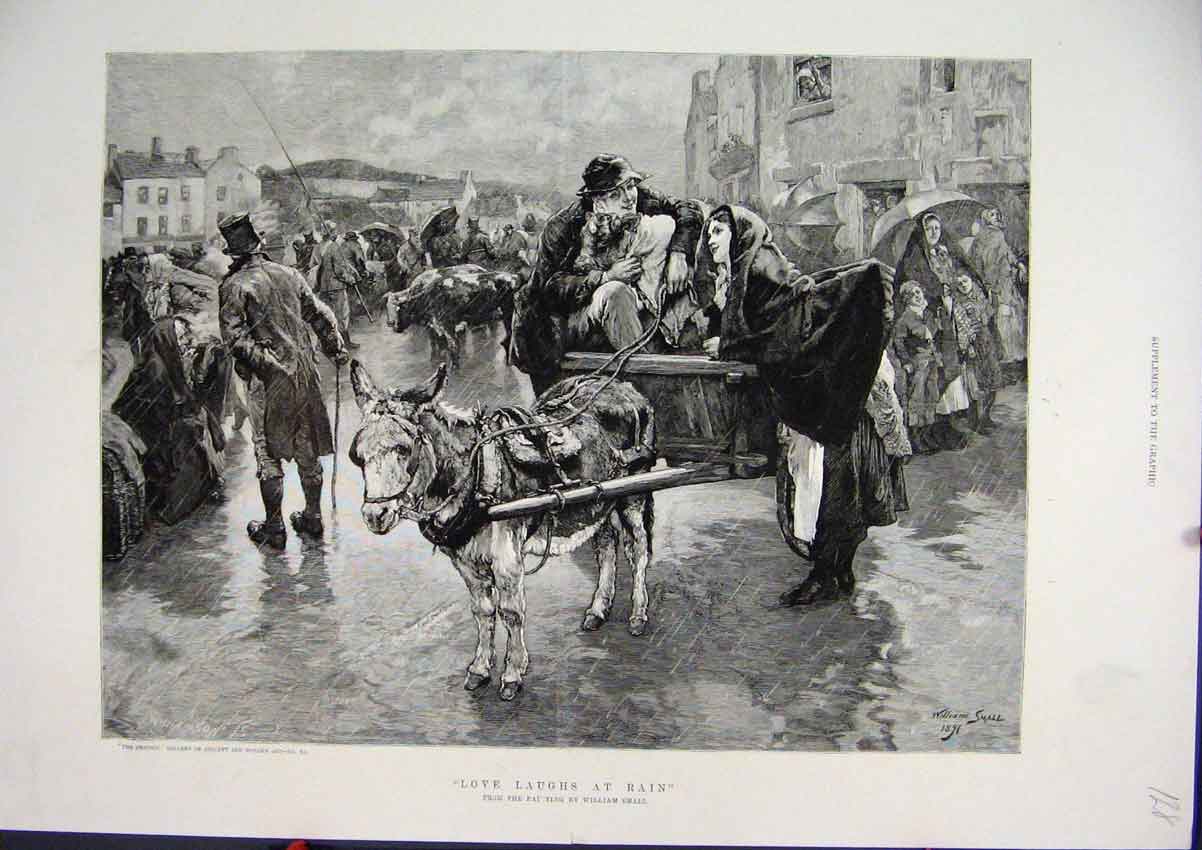 Original Old Antique Print C1850 Street Scene Rain Donkey Cart Cow William Small