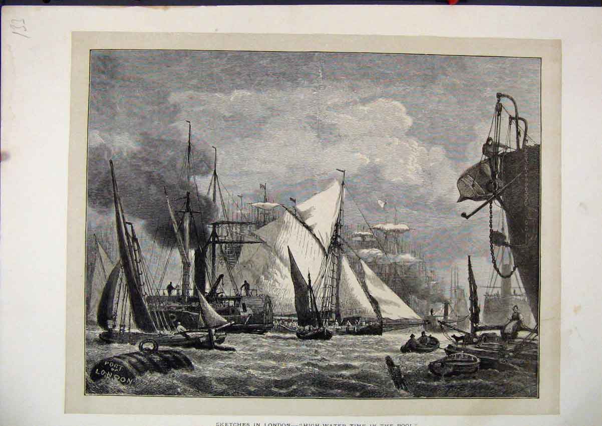 Old Antique Print 1872 London Sketches High Water Ships Boat Sail Stormy 19th