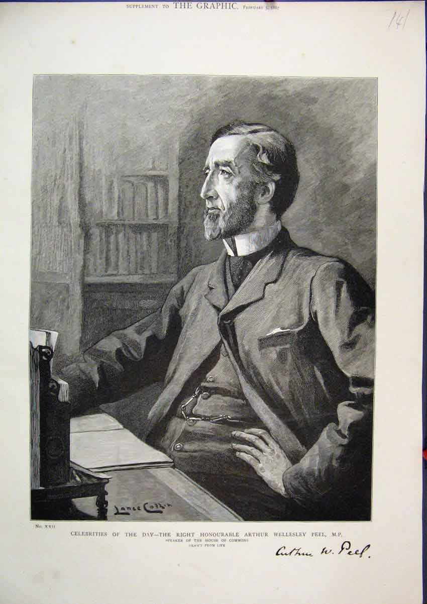 Original Old Antique Print 1887 Portrait Honourable Arthur Wellesley Peel 19th