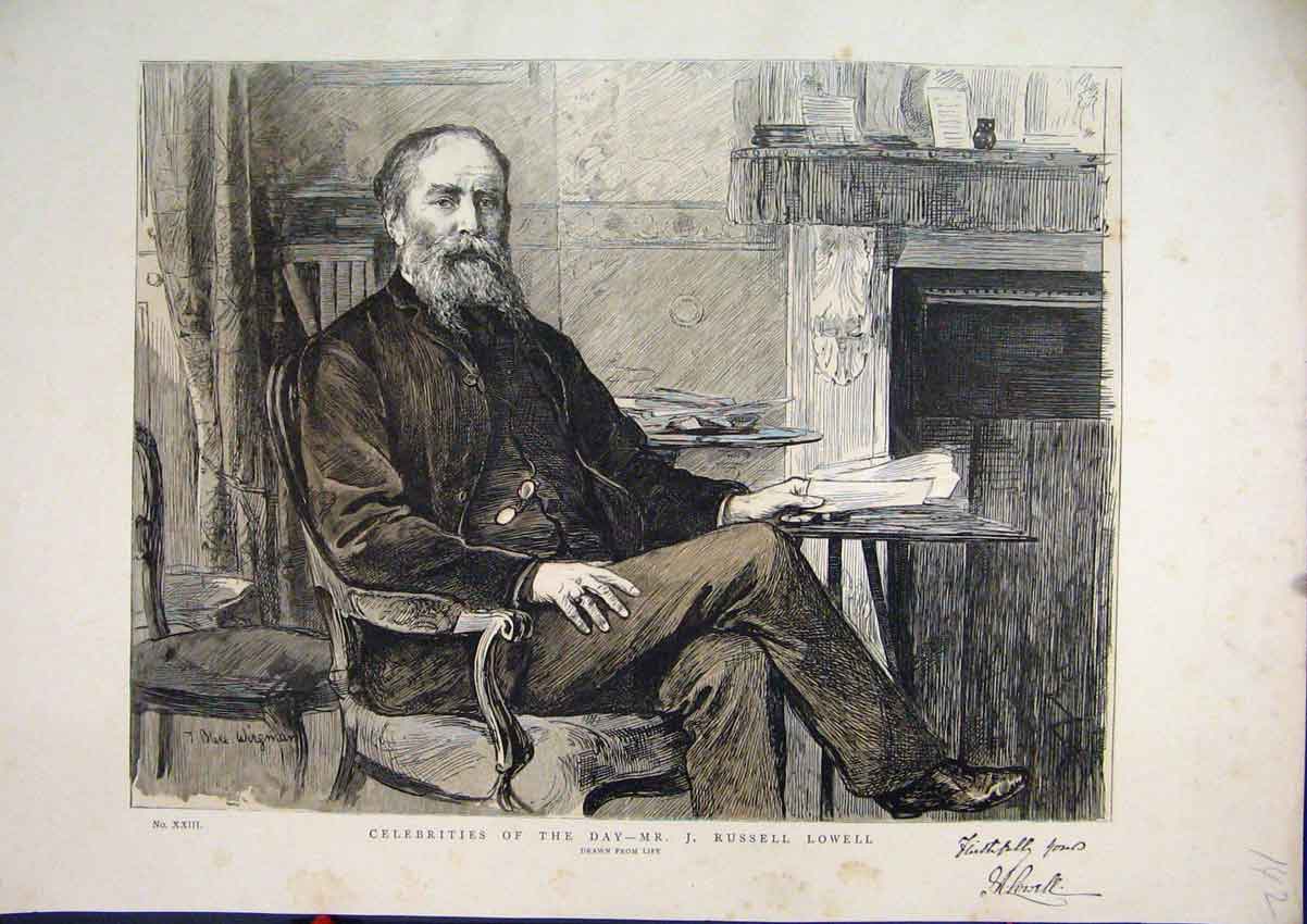 Original Old Antique Print 1887 Portrait Russell Lowell Celebrities Victorian