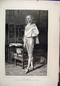Original Old Antique Print 1881 Portrait Grace Man Standing Chair Feather Dog