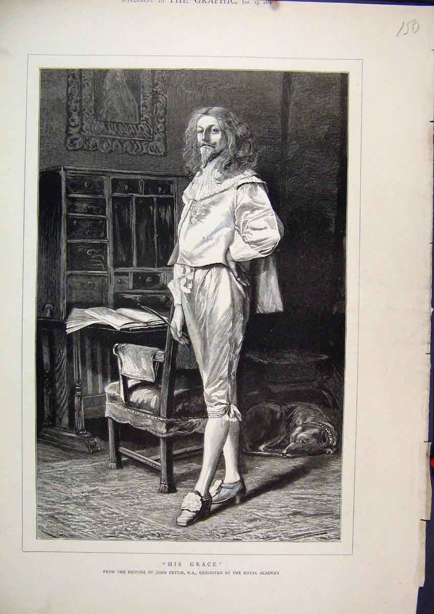 Original Old Antique Print 1881 Portrait Grace Man Standing Chair Feather Dog