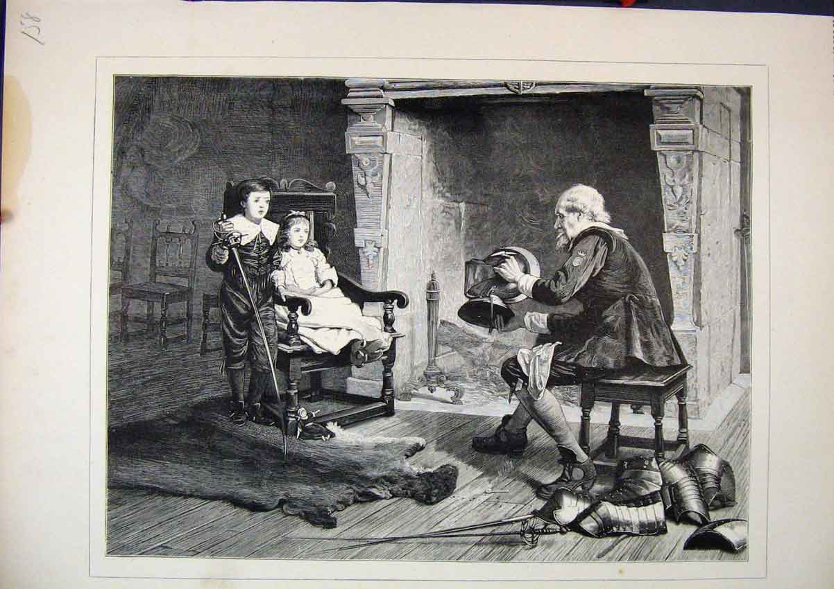 Original Old Antique Print 1879 Young Boy Girl Story Telling Fire-Side Fine Art