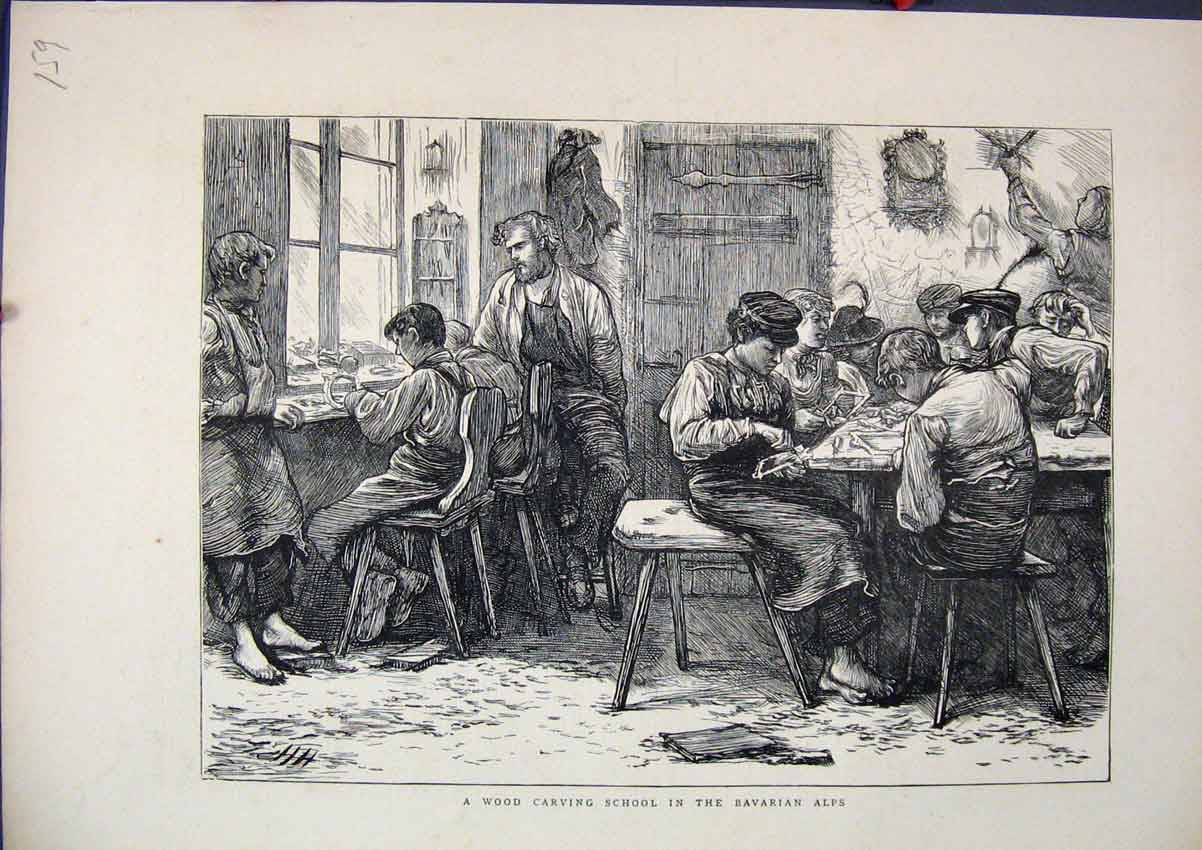 Original Old Antique Print 1871 Wood Carving School Bavarian Alps 19th