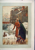 Original Old Antique Print 1886 Colour Man Woman Romance Snow Winter Scene 19th